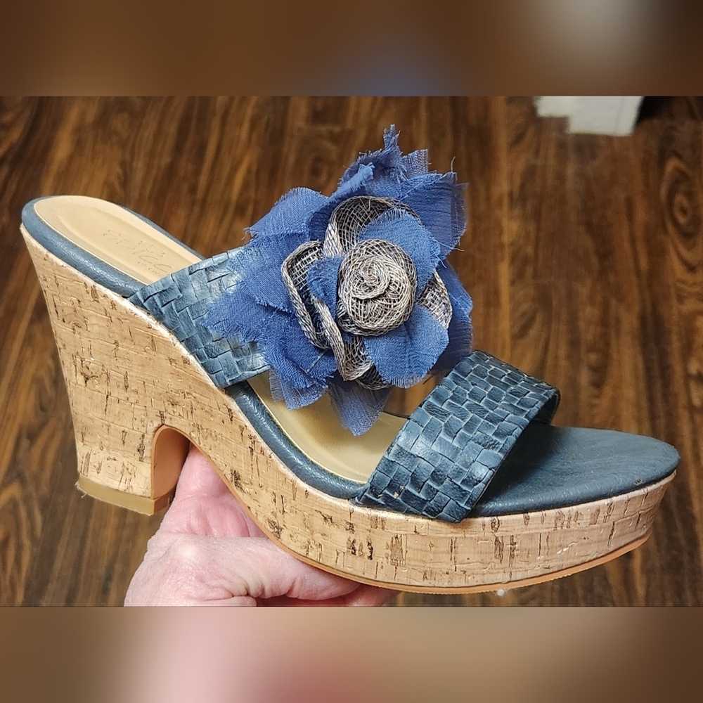 Sbicca Blue Silver Flower Platform Wedge Heels Sz 7.5 EUC